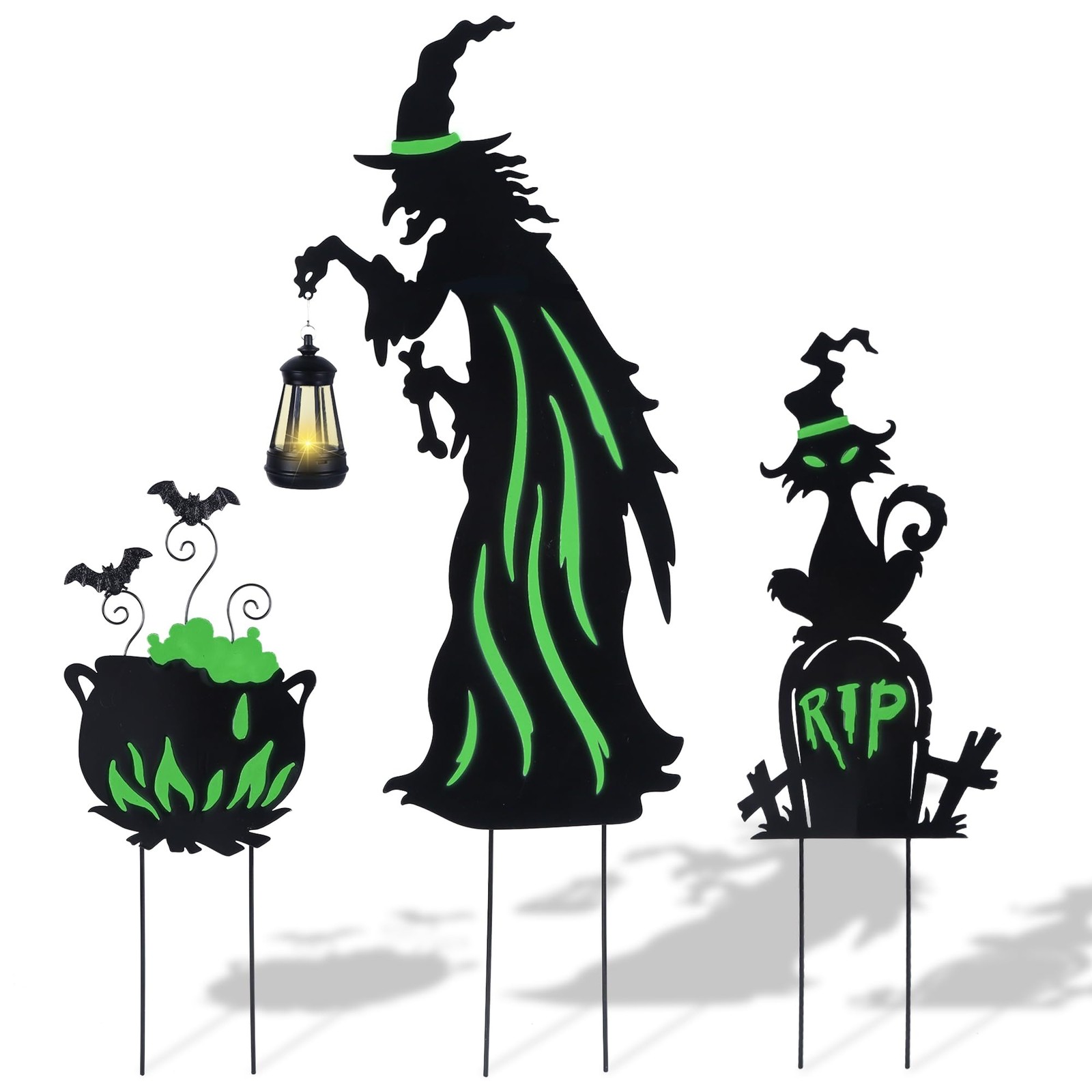 Halloween Decorations Outdoor - 3 Pack Metal Witch Yard Stakes with Solar Lan...