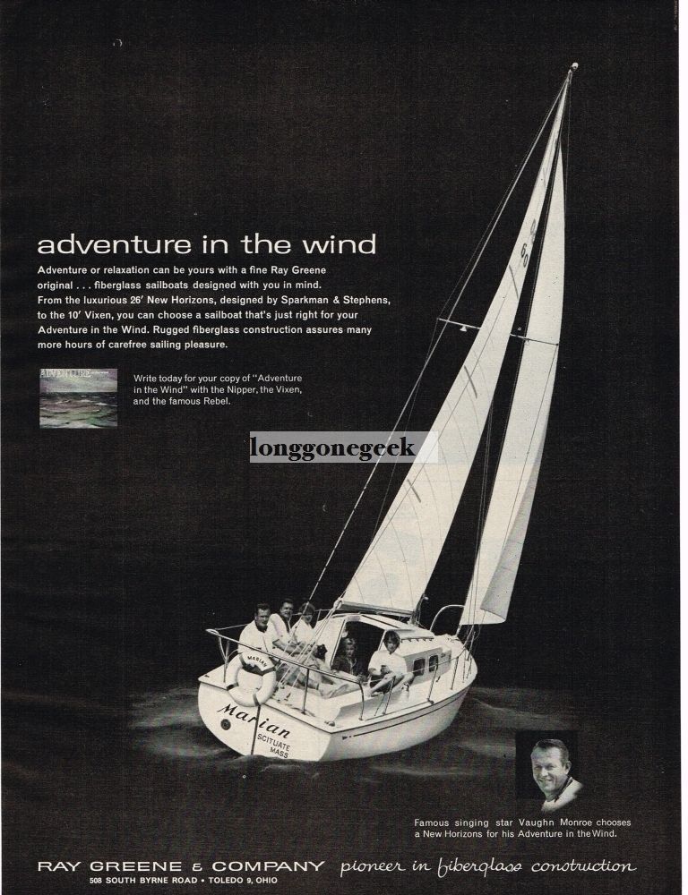 1961 RAY GREENE Co. 26' New Horizons Sailboat VAUGHAN MONROE VINTAGE Print Ad