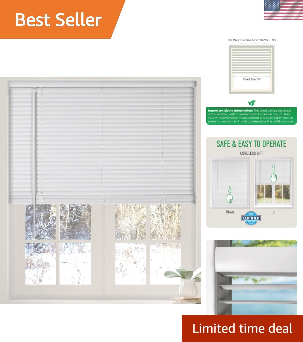 Cordless White 1” Light Filtering Mini Blinds 34” W x 60” H Window Blinds for...