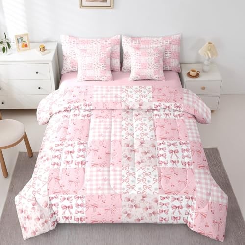  Pink Bow Comforter Set Size Bowknot Plaid 7 Pcs Bedding Set King Light Pink