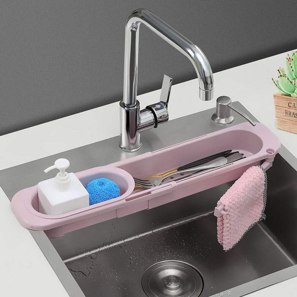 Adjustable Telescopic Sink Organizer Rack – Drainable Soap & Sponge Holder