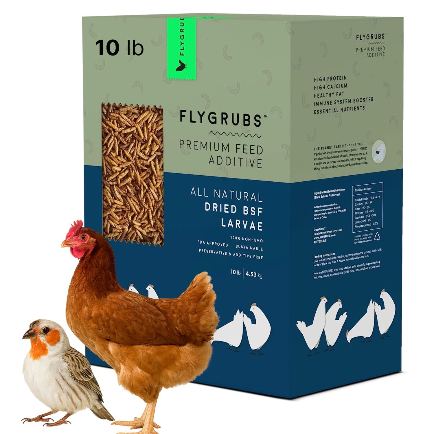 FLYGRUBS 10 lb Dried Black Soldier Fly Larvae - High Calcium Chicken 10 