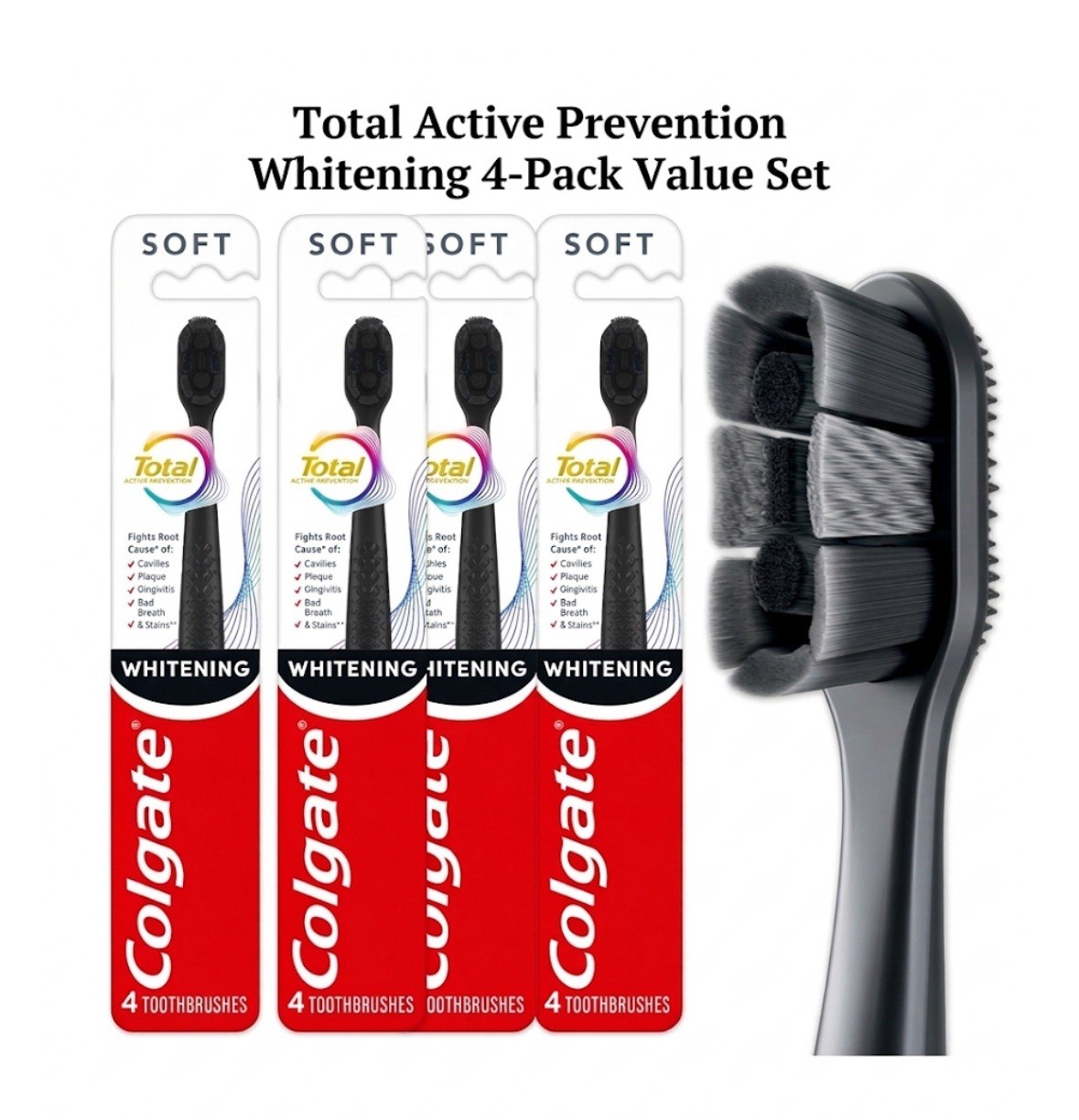 4pack Colgate Total Active Prevention Whitening Toothbrush Soft Toothbrush Black