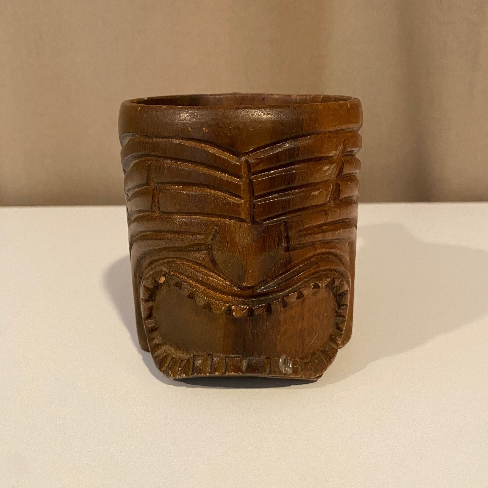 Vintage Polynesian Monkey Pod Wood Carved Hawaiian Tiny Tiki Mug