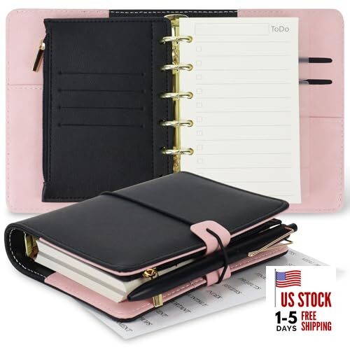  A7 Refillable Planner Small Binder Notebook 6 Ring, Portable PU Black & Pink