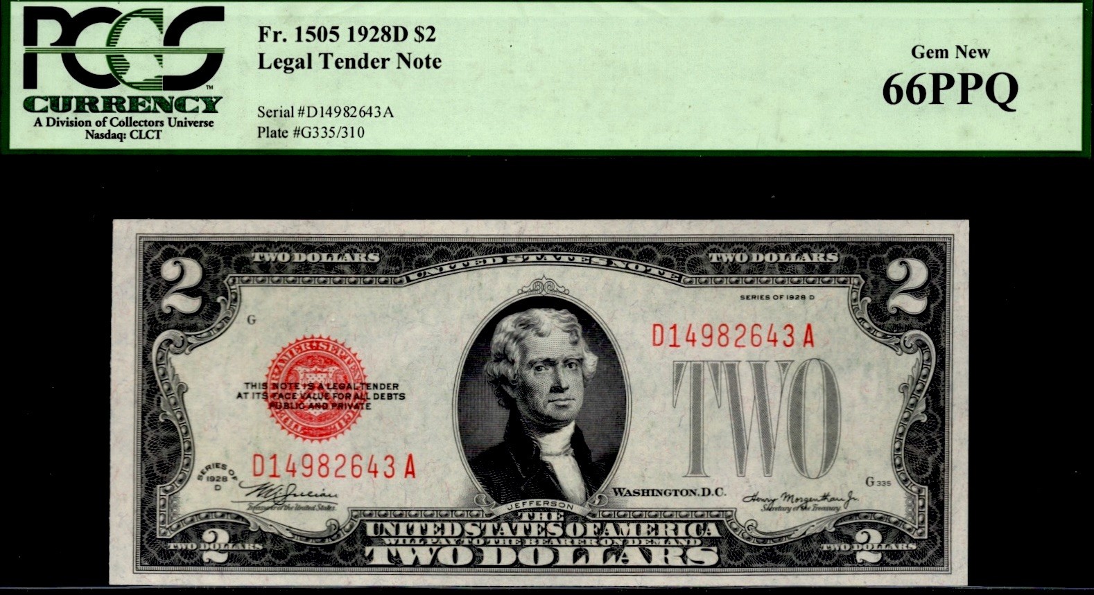 1928D $2 Legal Tender Note. FR: 1505. PCGS Currency Graded: 66 PPQ.