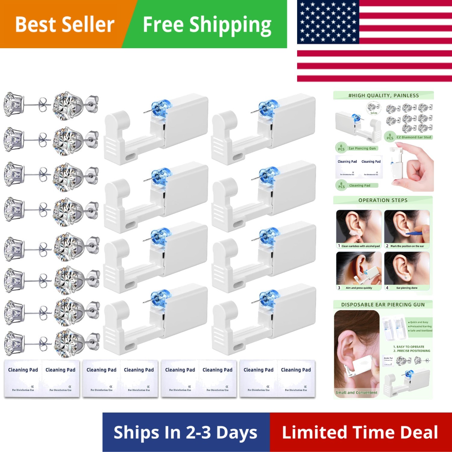 Ear Piercing Kit 24 Pcs Disposable Guns Earrings Studs Cleaning Pads