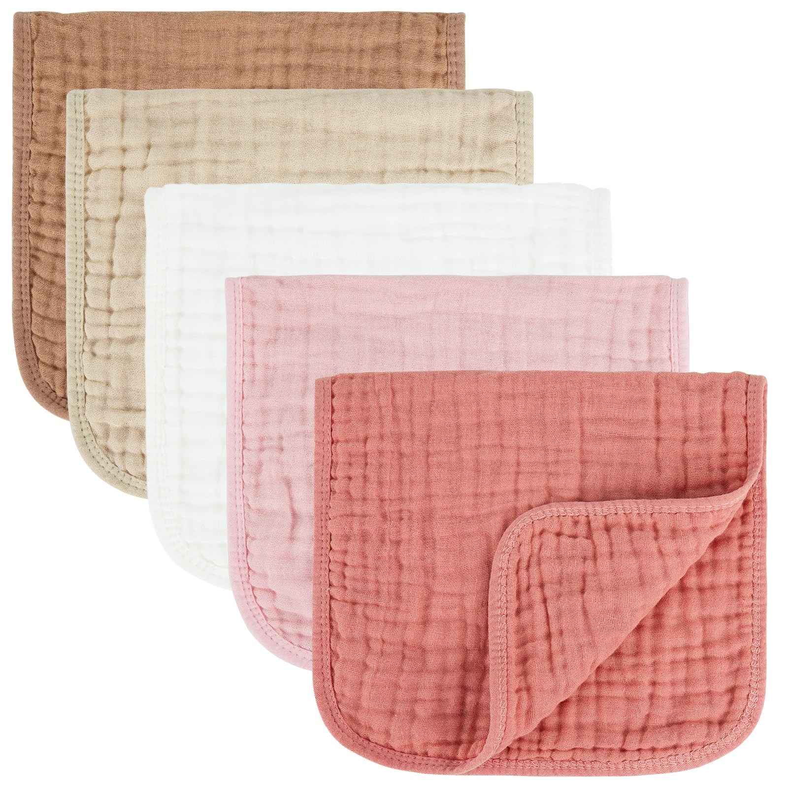 MIGIOL Muslin Burp Cloths 100% Cotton 10X20 Inches, Pink & Coffee 5 Pieces 