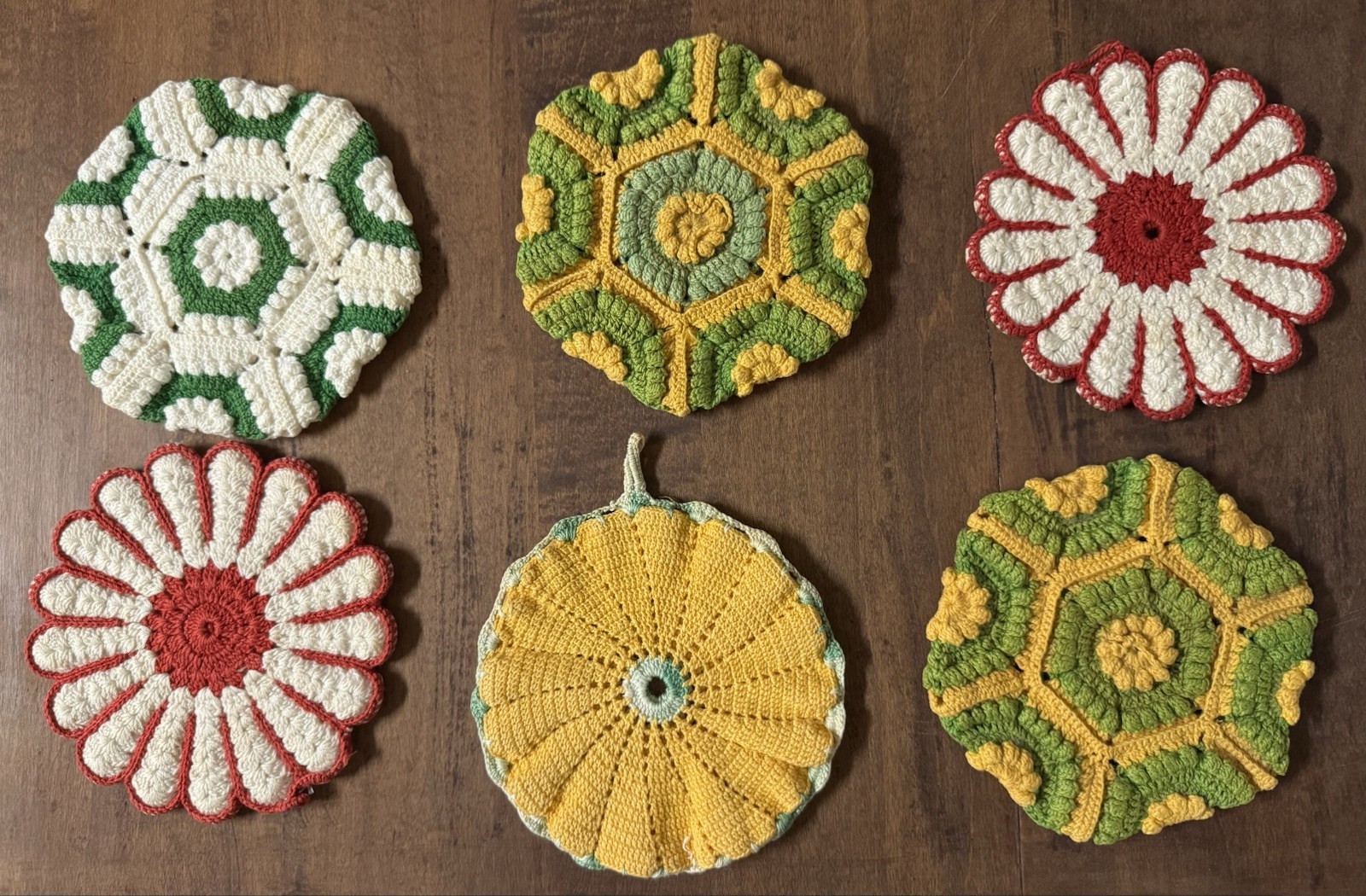 6 Vintage Hand Crocheted Hot Pad Pot Holder Wall Hanging Trivet