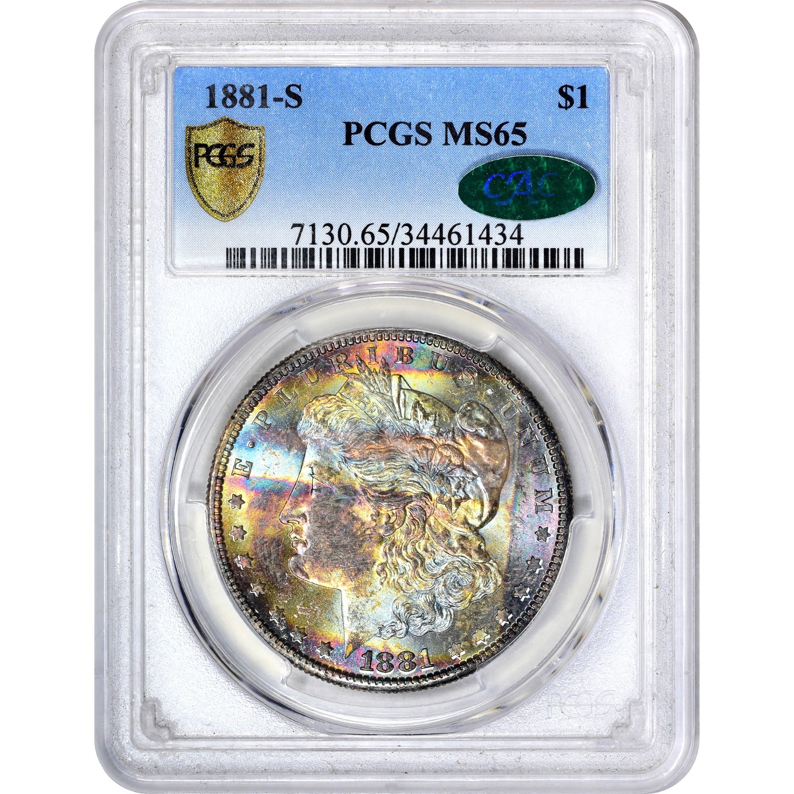 1881s PCGS MS65 CAC  MONSTER End Of Roll Rainbow Toning  Morgan Silver Dollar GG