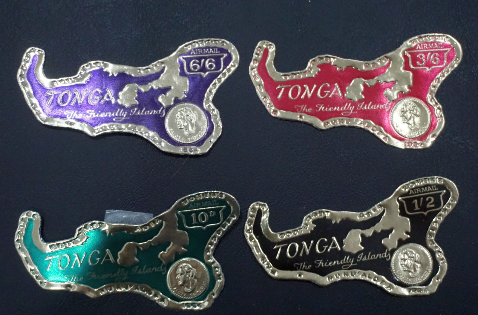 TONGA  the Friendly Island     Set of 4 country-shaped  FOIL STAMPS    1964 MH