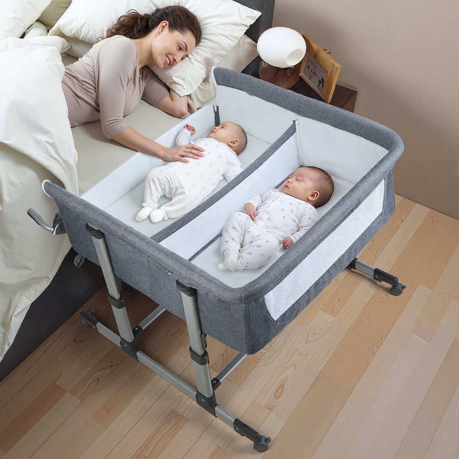 Heavy Duty Twin Bassinet for 2 Babies, 6 Height Adjustable Crib Attaches to Bed