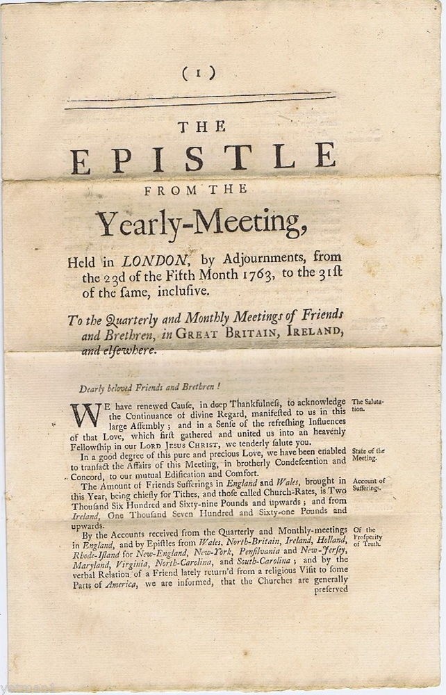 The Epistle from the Yearly-meeting: Newspaper, London, 1763, Isaac Wilson Clerk