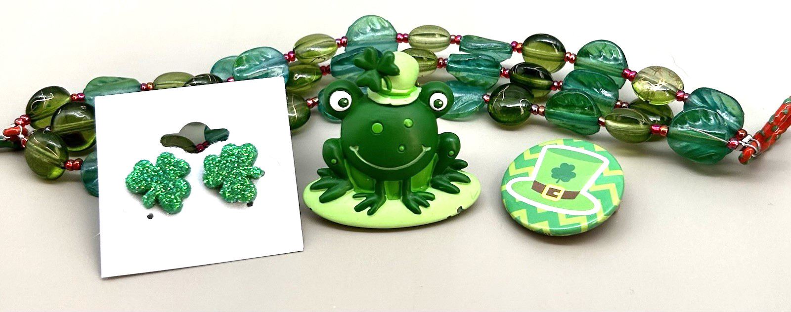 Lucky green St Patrick's Irish Pin Shamrock Earrings Leprechaun Hat, Bracelet