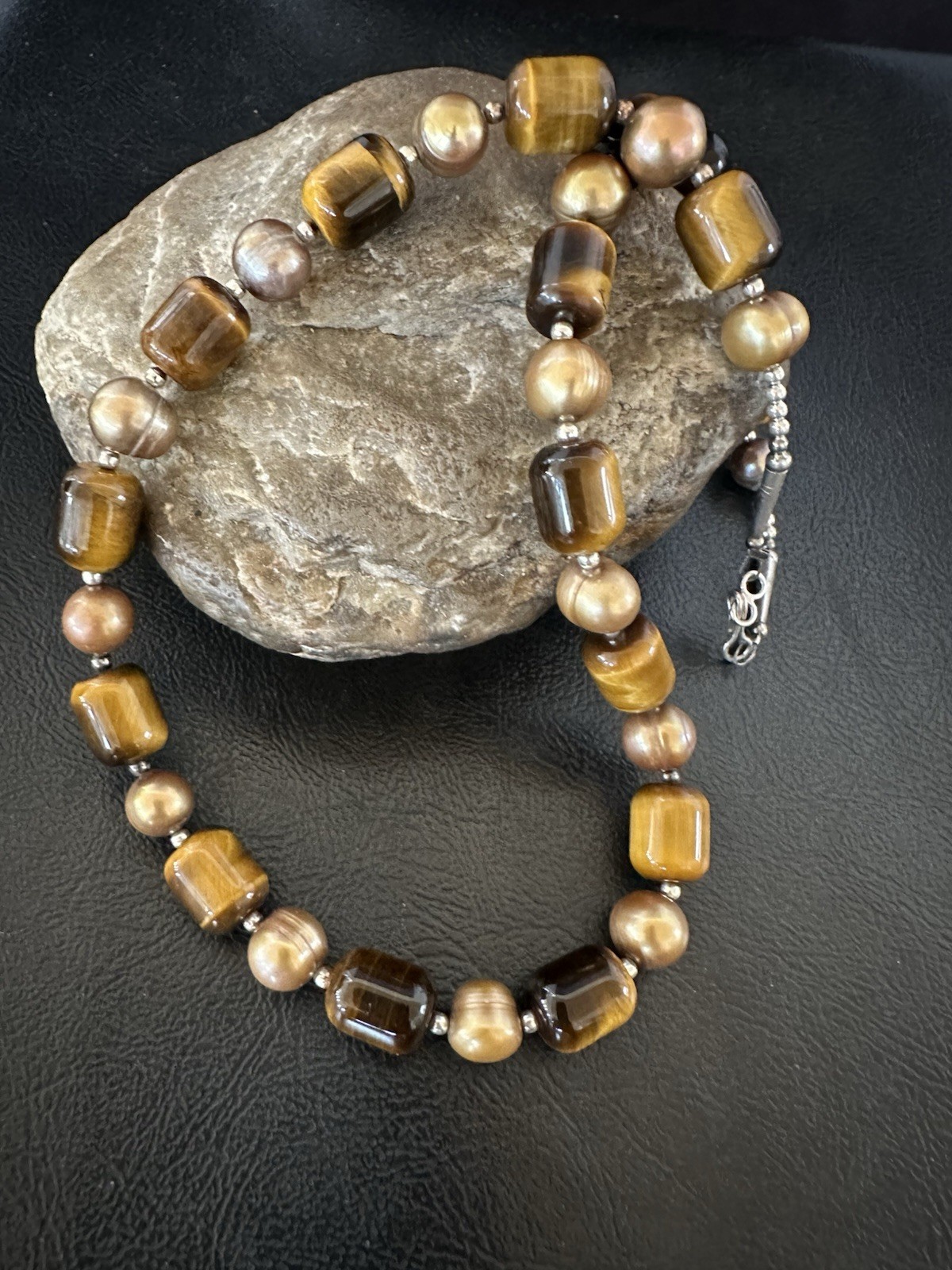 Tigers Eye Freshwater Pearl Navajo Sterling Silver Necklace 19” 19568