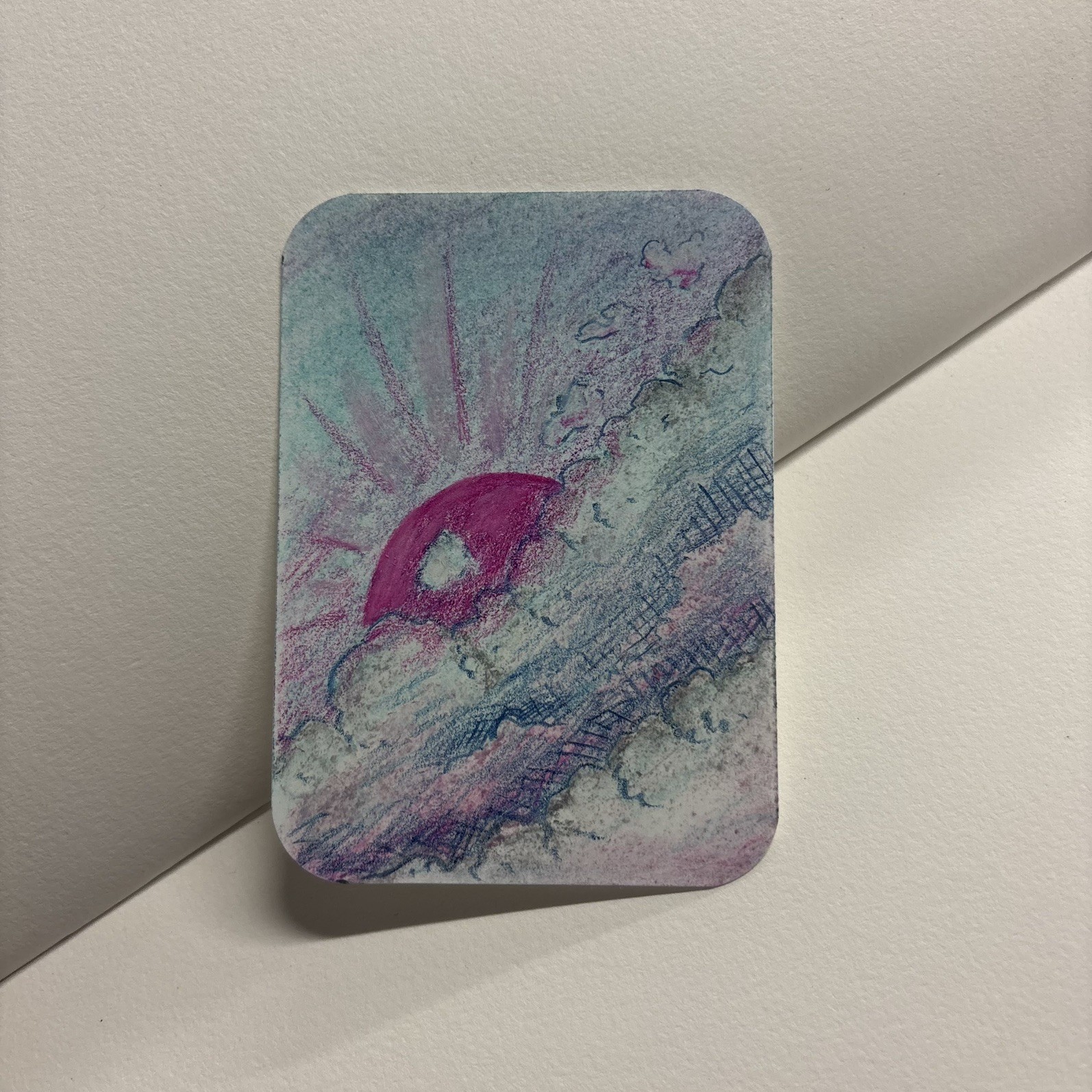 ACEO Original “Pink Sun” Colored Pencil, Chalk Pastel Paper By Jelliekellieart