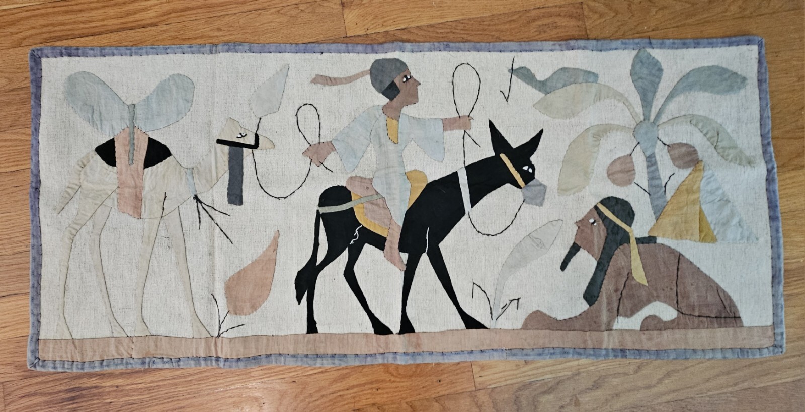 Egyptian Revival Textile "To the Water Well" camels, donkey, Pyramids 41"X 17.5"