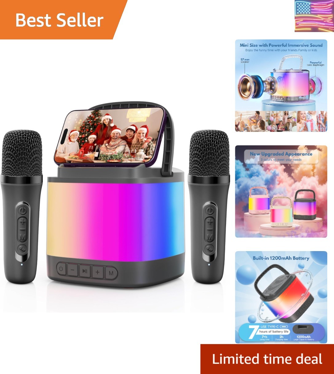 Mini Karaoke Machine, Portable Bluetooth Karaoke Speaker with 2 Wireless Micr...