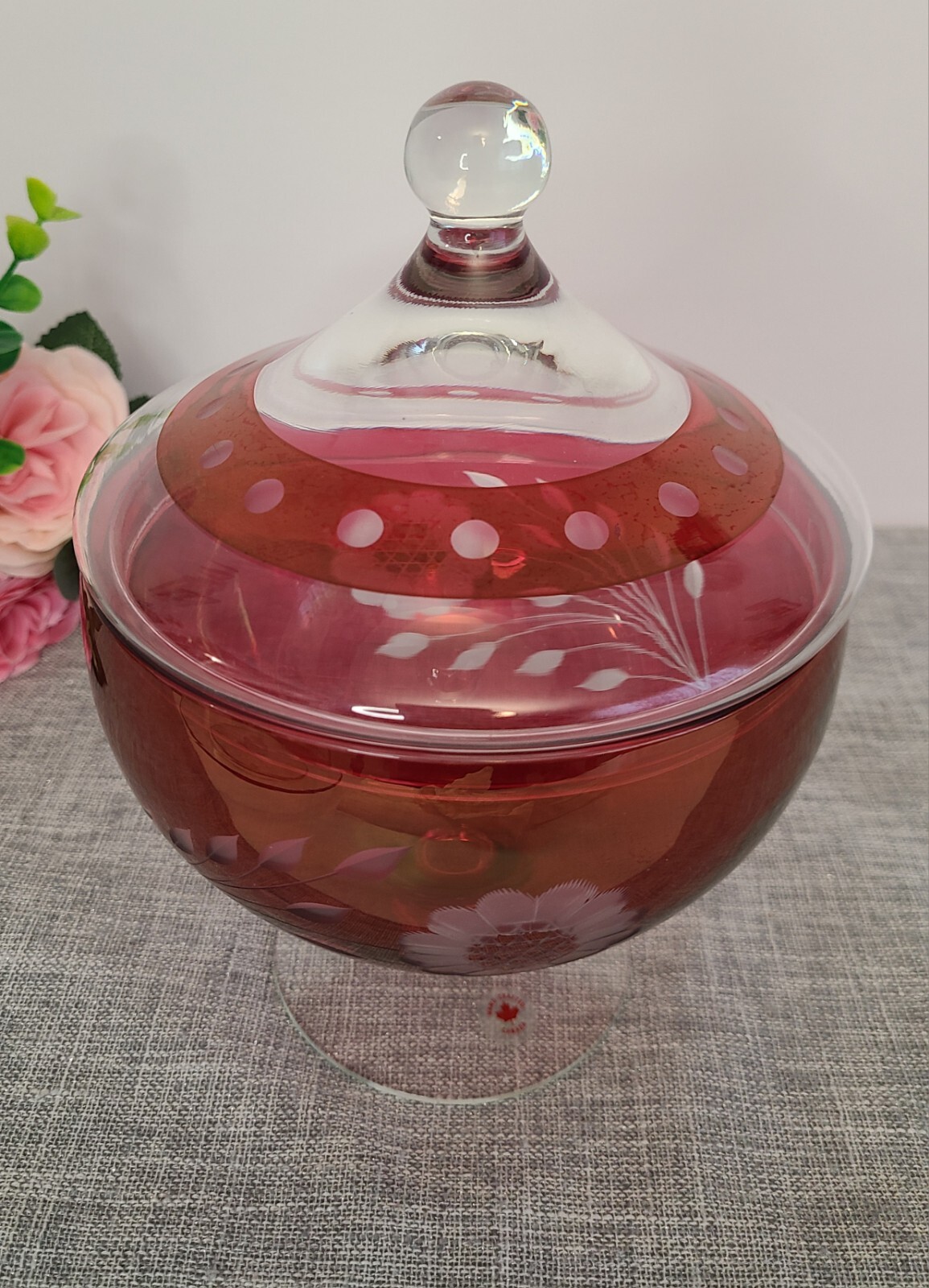 Vintage Lidded Cranberry Floral Etched Footed Candy Dish, Handcrafted In Canada