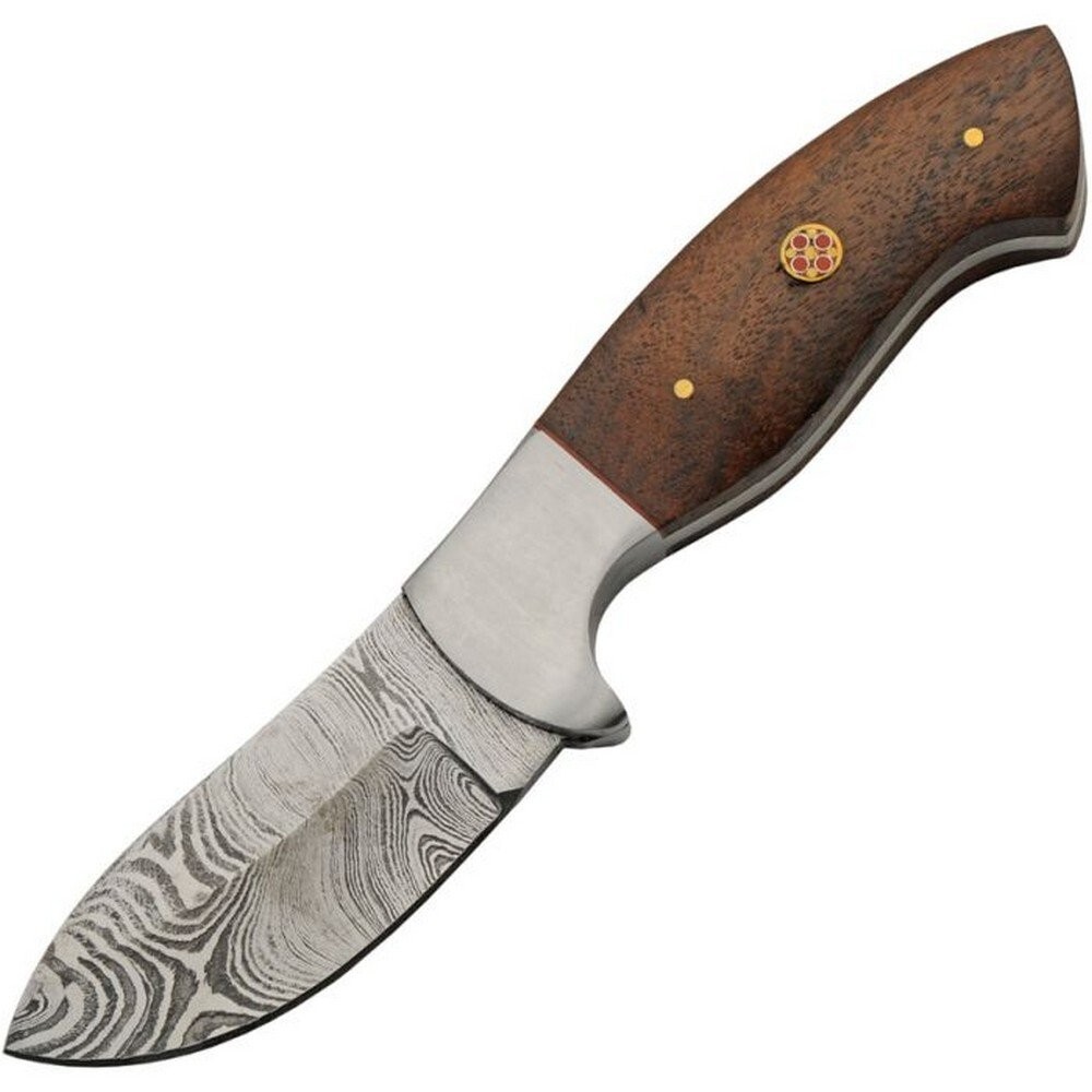 Damascus Hunting Knife 3" Steel Spear Point Blade Brown Wood Handle - DM1336