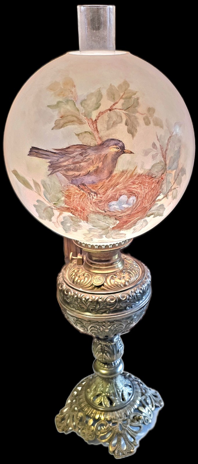 Antique 'Gone With The Wind' Style Lamp With Brass Base