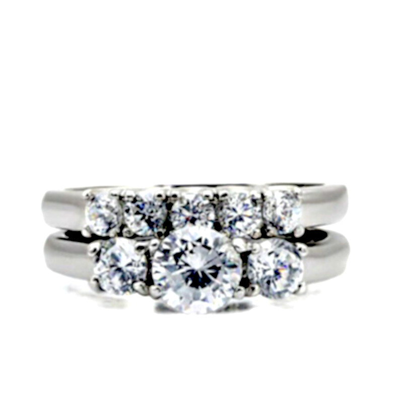 3 Stone Ring Set Engagement Wedding 1.89 ctw CZ Woman Stainless Steel Szs 5 9 10