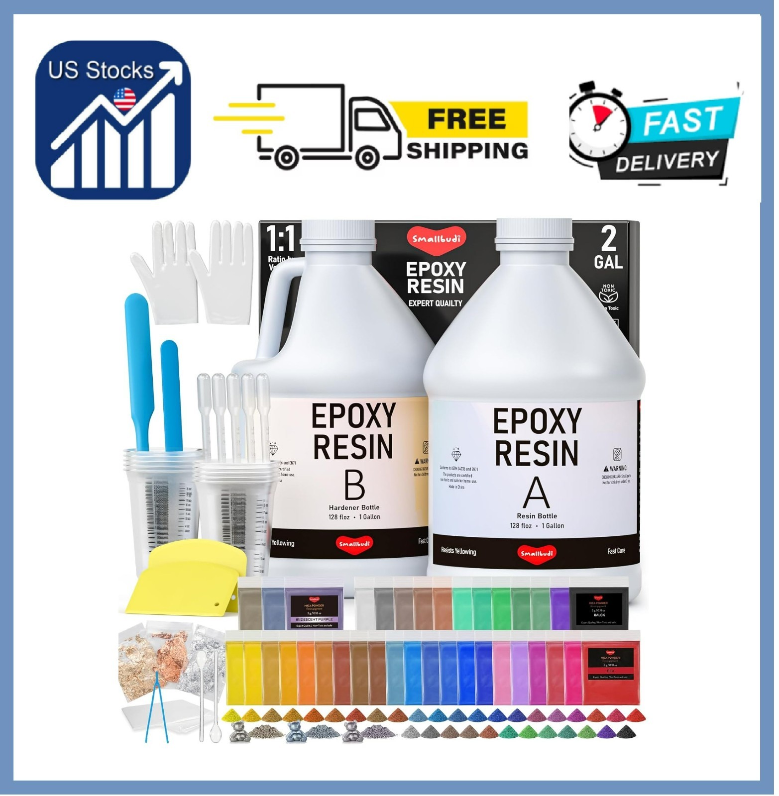 2 Gallon Epoxy Resin Kit with 36 Colors Mica Powder, Gold Foil, Cups & Stick