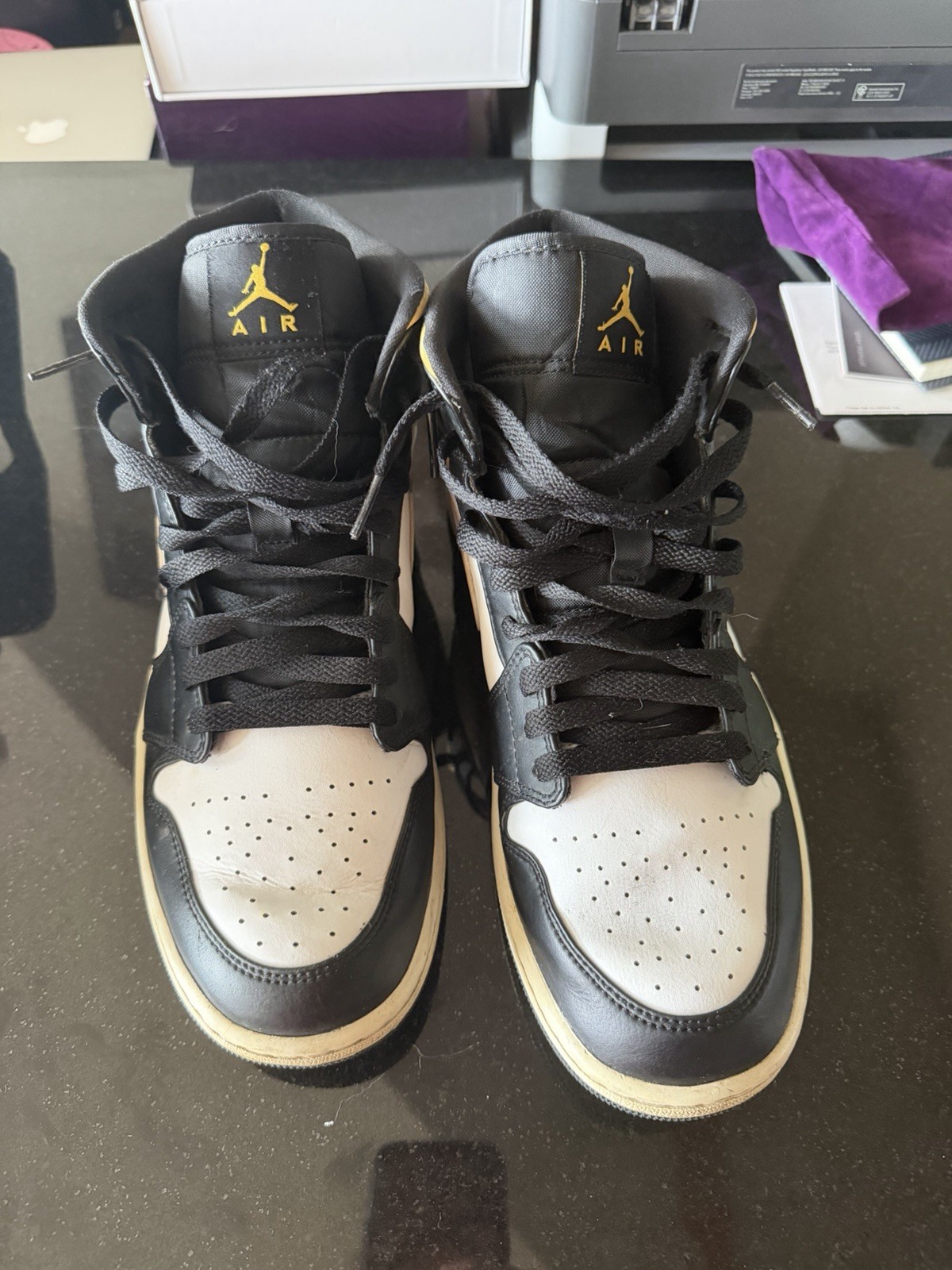 Jordan Air Jordan 1 Mid White/Pollen/Black Leather 554724-177 Men's Sneakers