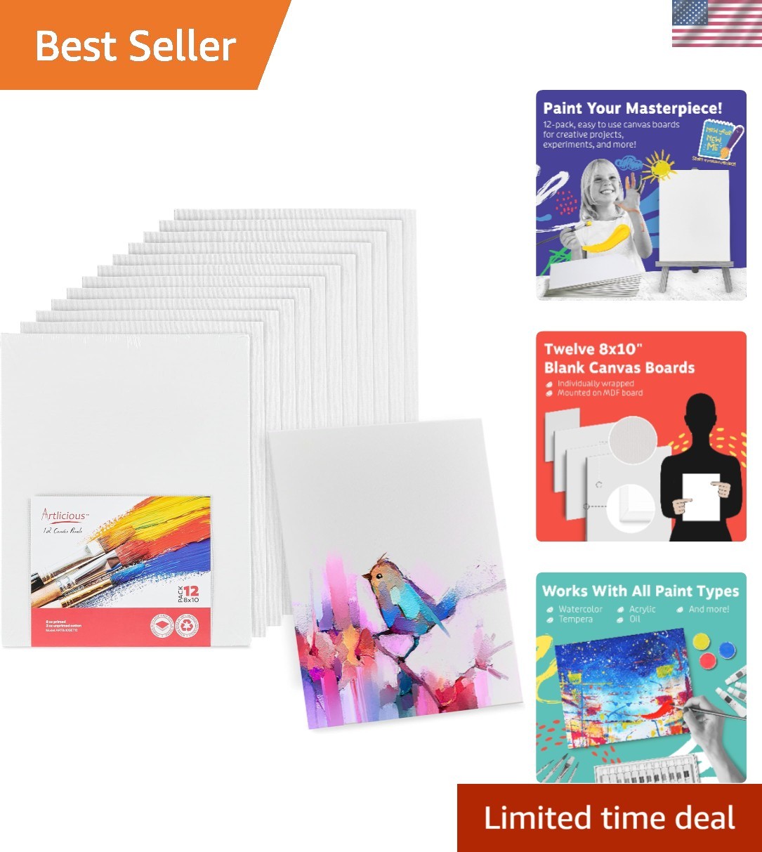 12 Pack of 8x10” Blank Cotton Canvas Panels for All Paints - Durable & Versatile