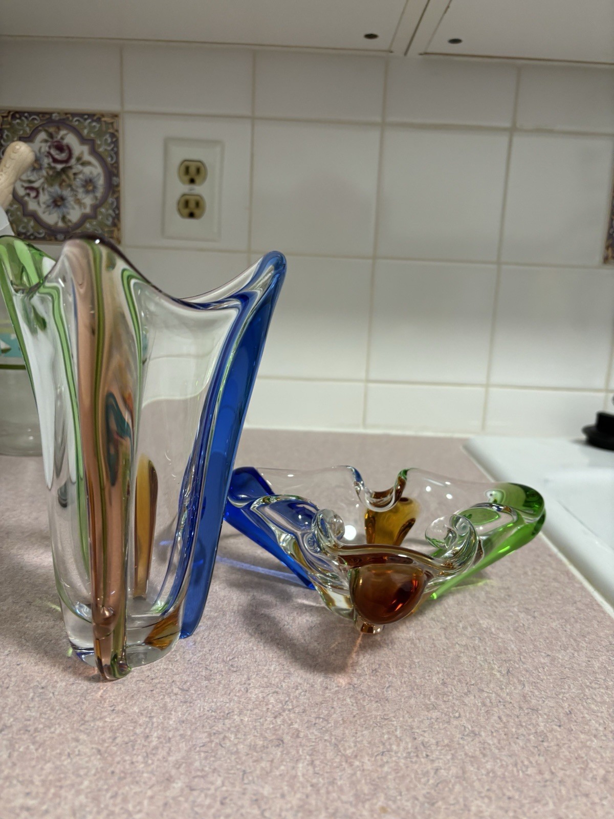 Mid-Century Modern Art Glass Vase Set, Clear Blue Green Brown Decorative