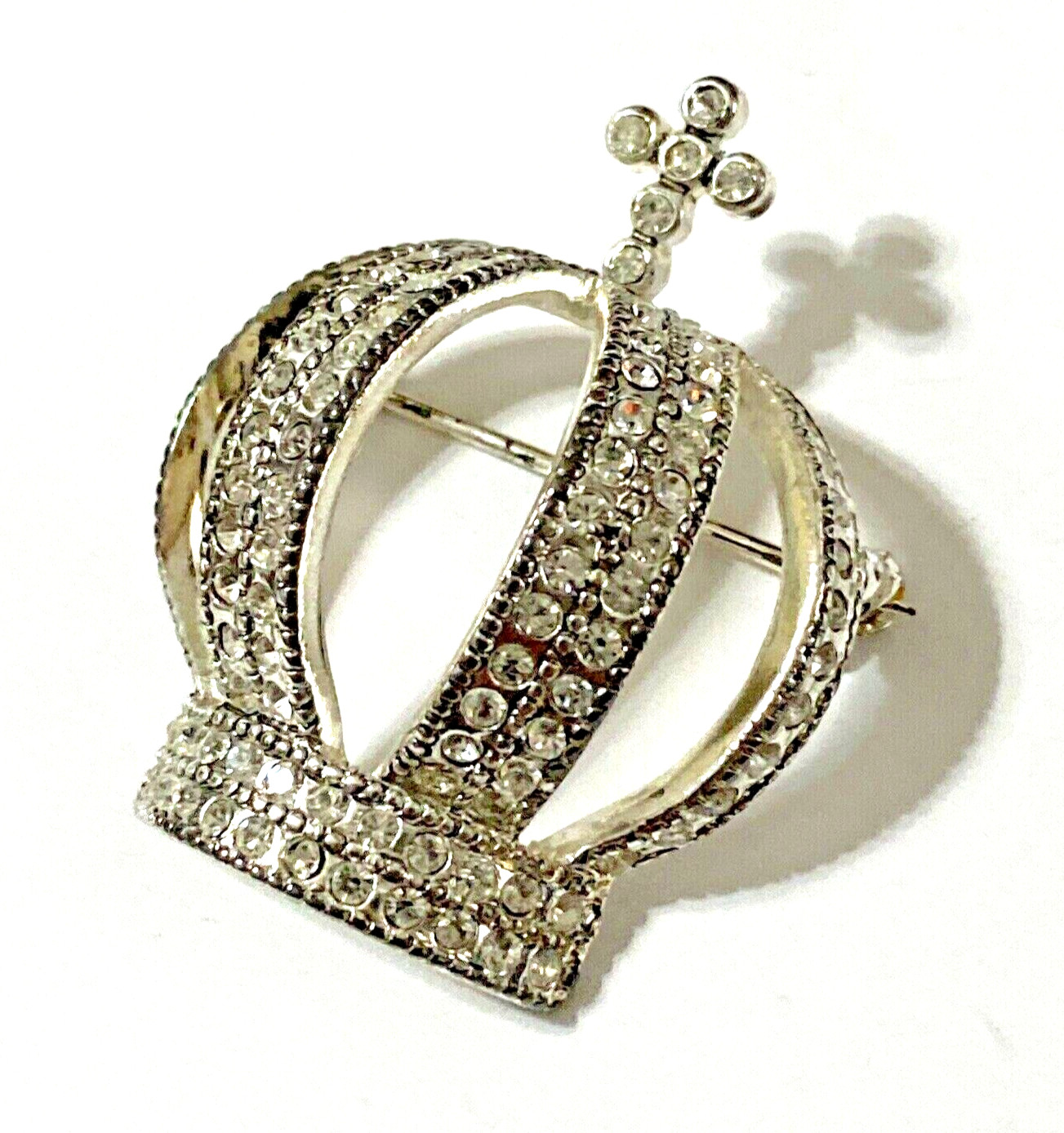 HM Rhinestone Crown Brooch Ornate Silver Tone Royal Statement Pin 1.25" x 1.5"