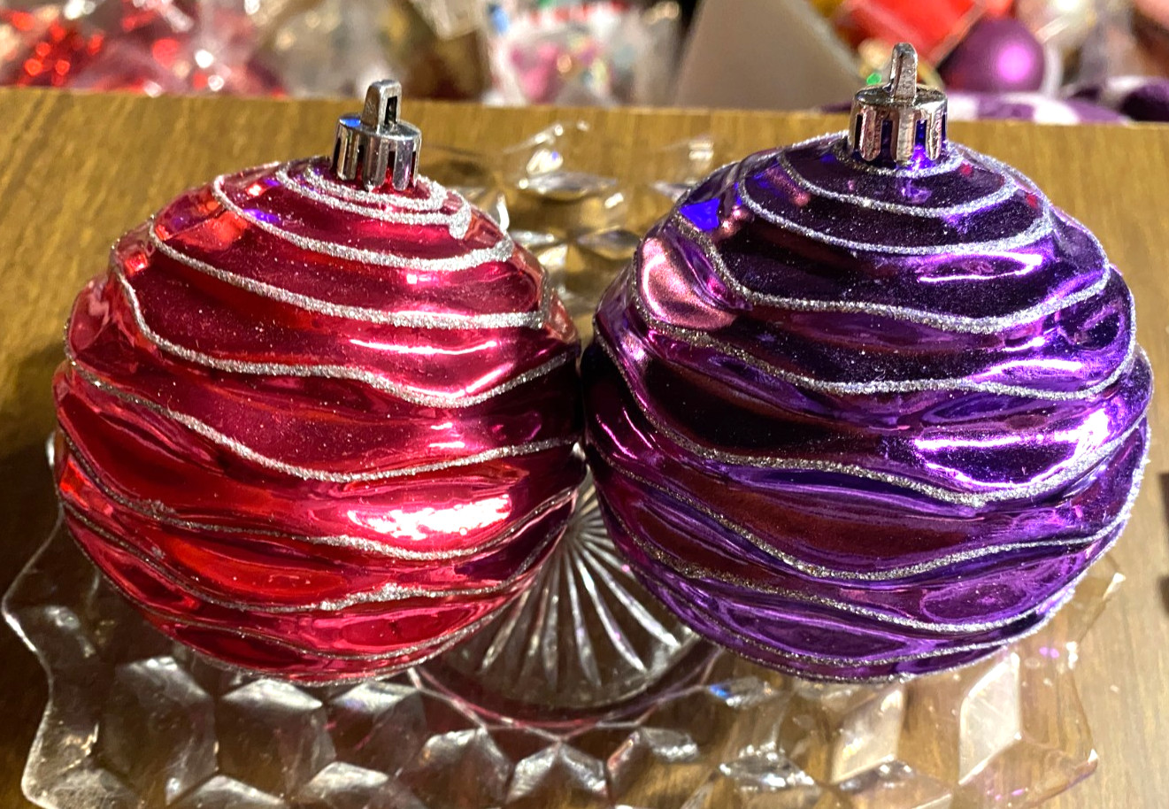 2 Purple Pink Shatterproof Ribbed Christmas Ornaments 3"