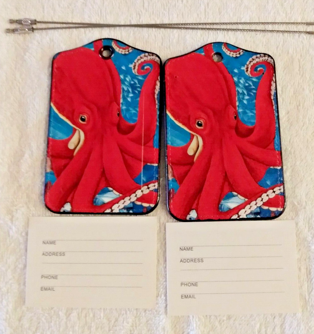New Two Luggage Tags Octopus Design with Back Privacy Cover Steel Loops