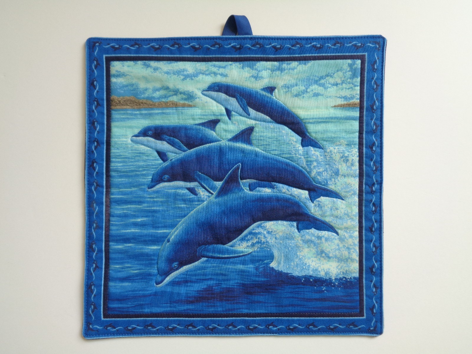 Vintage Tropical Art Dolphin Wall Hanging Blue Ocean Fabric 11.5"x11.5"