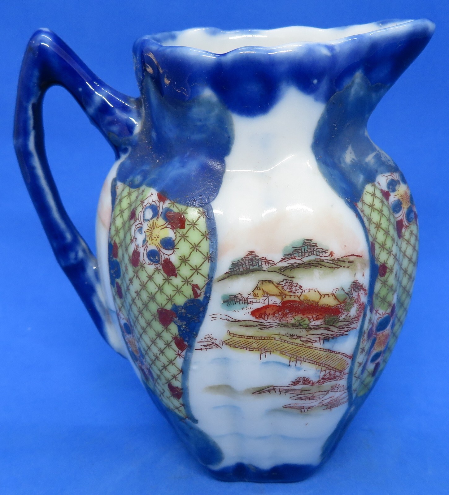 Japanese Kutani vintage Art Deco oriental antique blue glaze jug