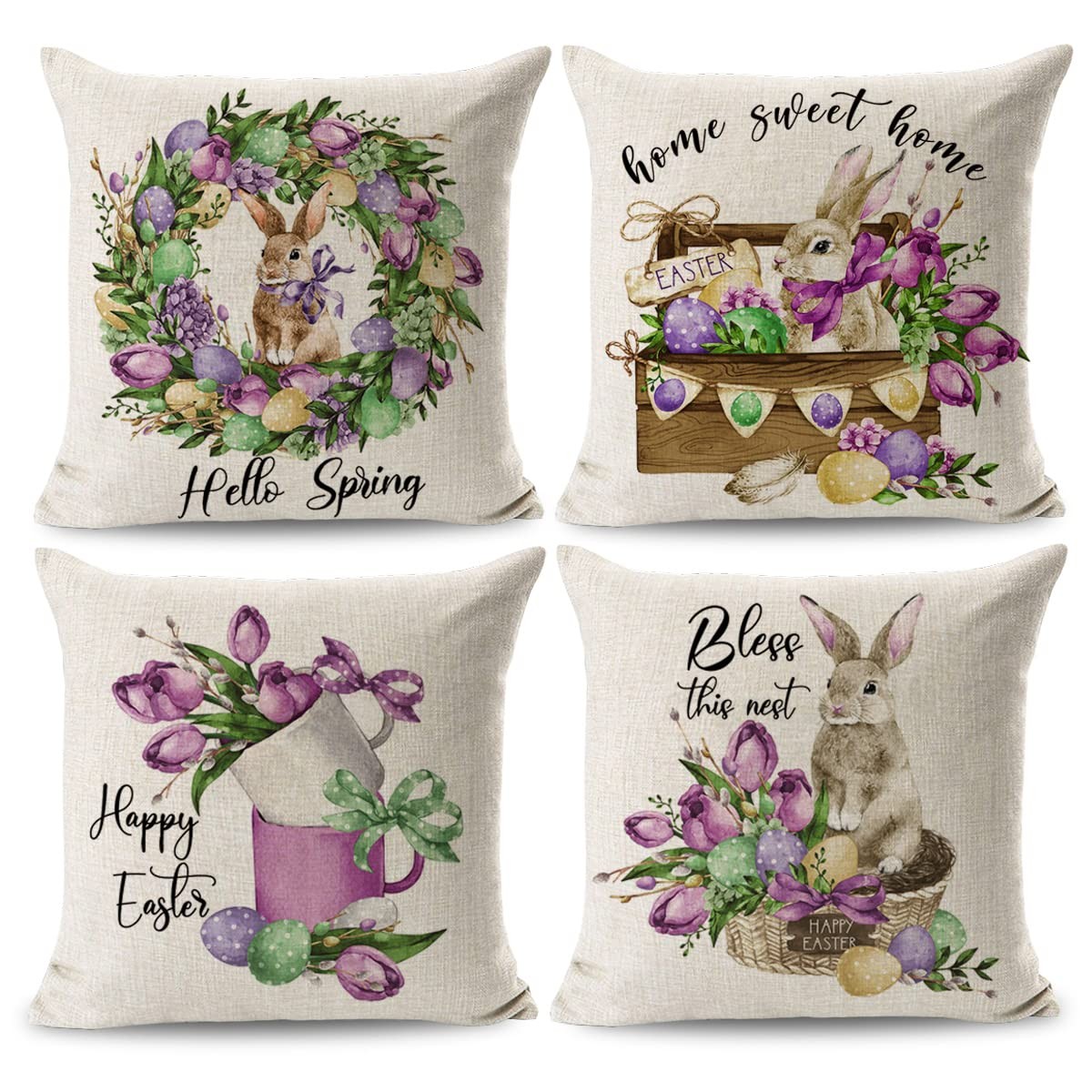 Easter Bunny Throw Pillow Covers 18x18 Set of 4 Hello Spring Outdoor Pillow C...