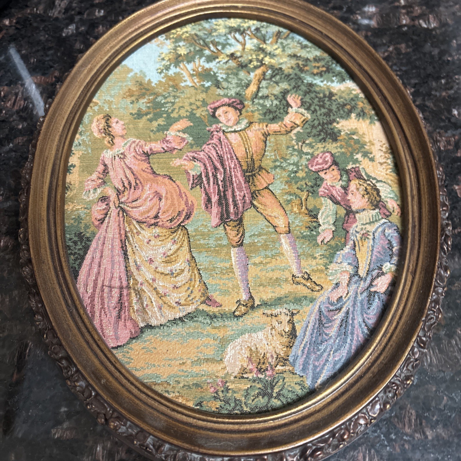 Vintage Victorian Tapestry Gold Oval Framed 12”/ 9 1/2”