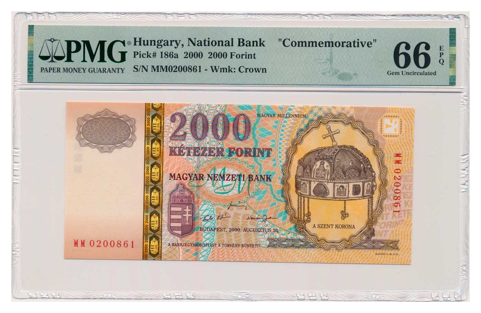 HUNGARY banknote 2000 Forint 2000 PMG MS 66 EPQ Gem Uncirculated