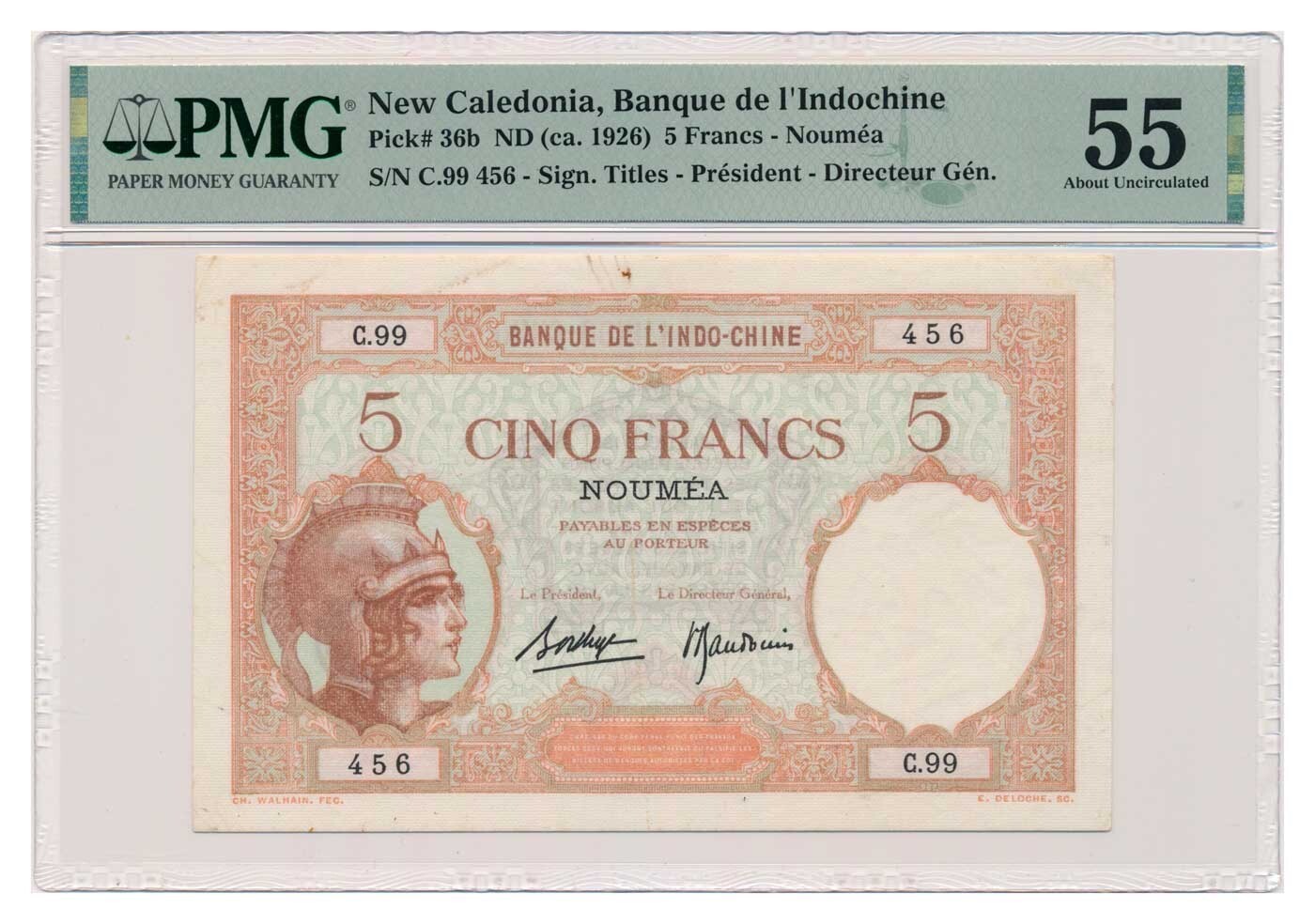 NEW CALEDONIA banknote 5 Francs 1926 PMG AU 55 About Uncirculated