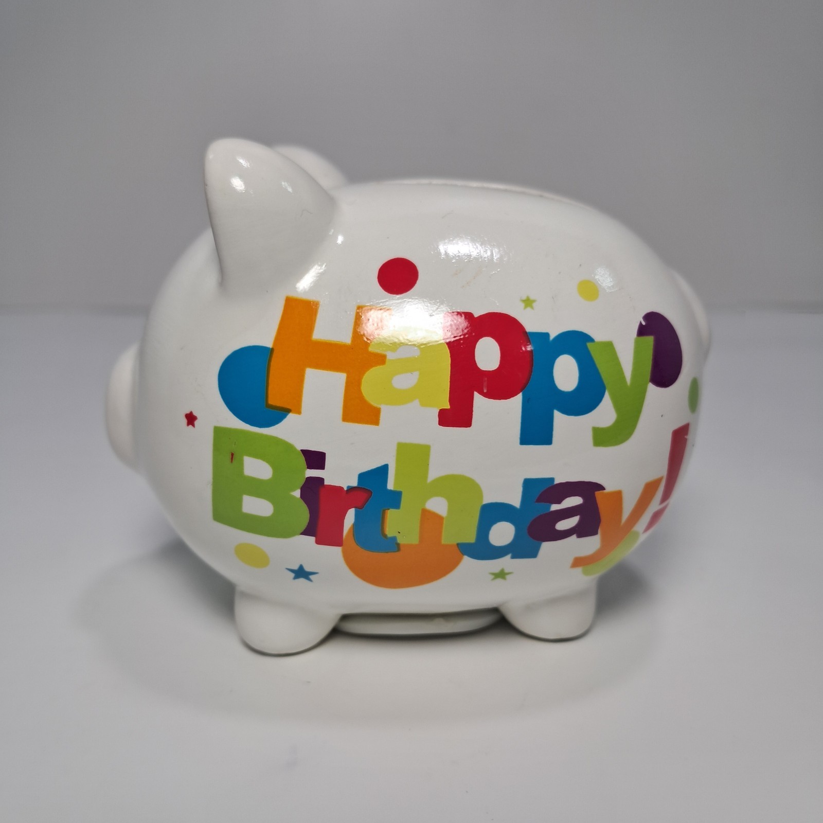 Small Happy Birthday! White Ceramic Piggy Bank 3.5" W/ Colorful  Lettering