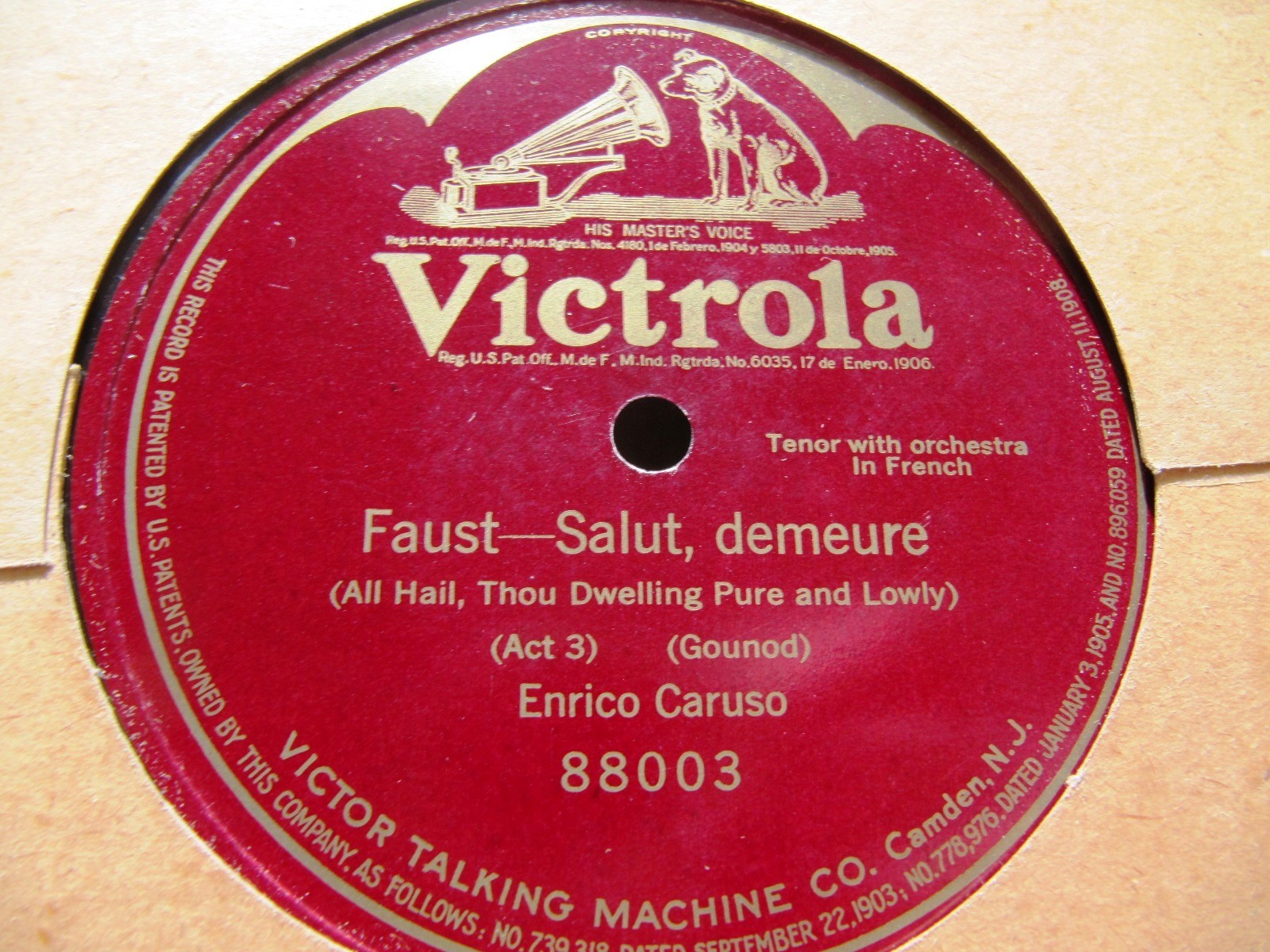 1906 Enrico CARUSO Tenor Gounod FAUST SALUT DEMEURE VICTOR 88003 78 x