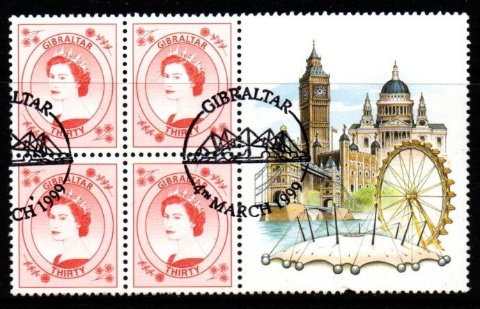 GIBRALTAR SG865 1999 30p ORANGE BLOCK OF 4 FINE USED