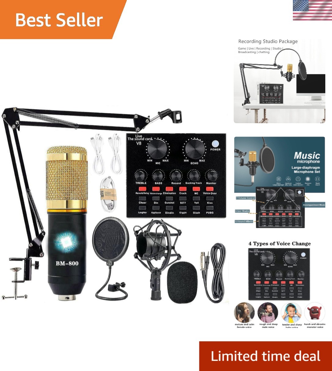 BM-800 Podcast Equipment Bundle with Live Sound Card & Voice Changer for Crea...