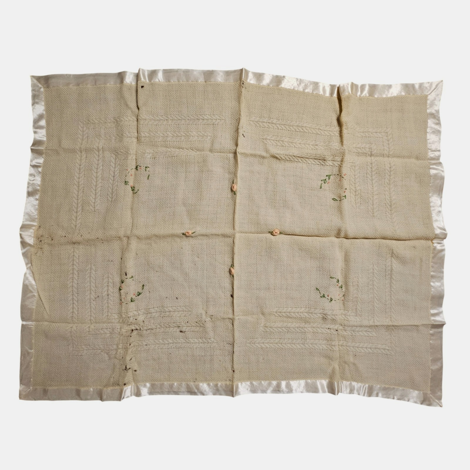 Vintage Floral Embroidered Satin Trim Baby Blanket 27x35 Cottagecore Shabby Chic