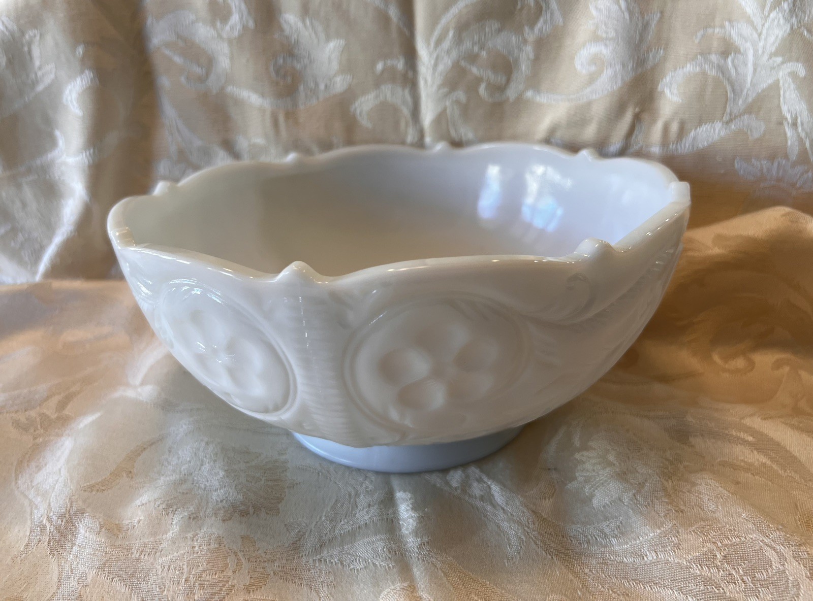 Vintage McKee Rock Crystal Milk Glass Bowl, Floral and Scroll Pattern, Preowned