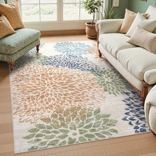 Dahlia Washable Area Rugs 5x7, Boho Floral Rug for Bedroom Dorm, Multicolored 