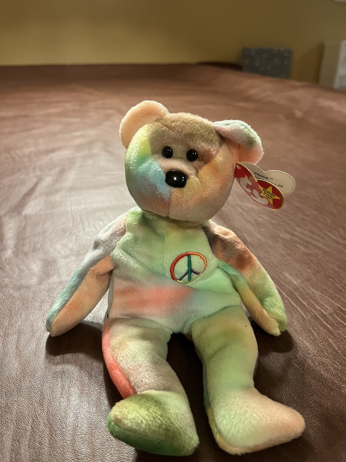 Peace the Bear (1996) Tye Dyed Ty Beanie Baby with Display Case