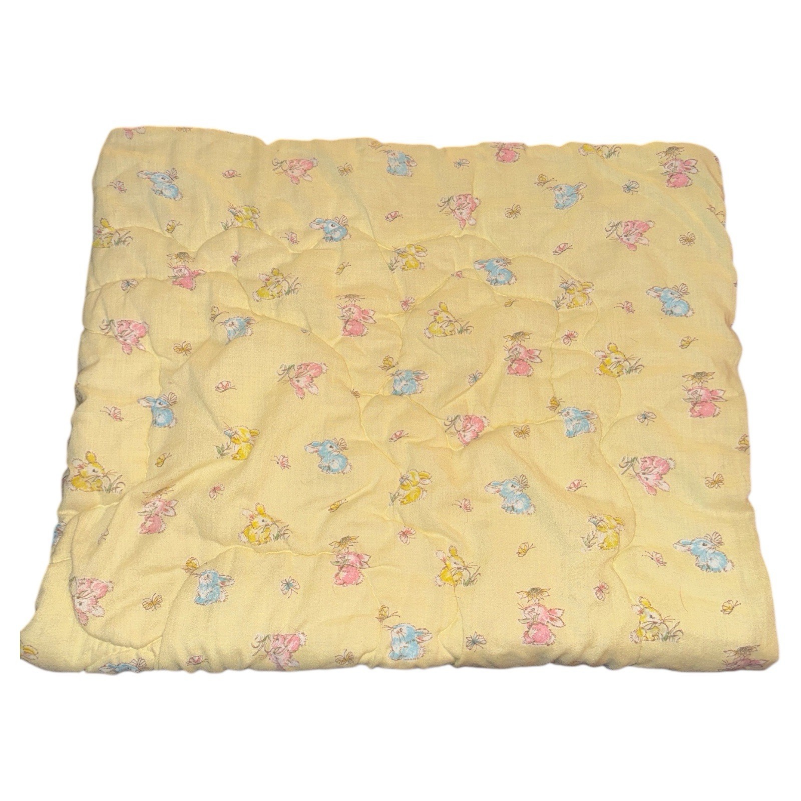 Vintage Yellow Puffy Quilted Pastel Blue Pink Bunny Rabbits Baby Blanket 40x30