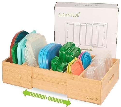 Expandable Kitchen Cabinet Organizer for Food Storage Container Lids, Natural