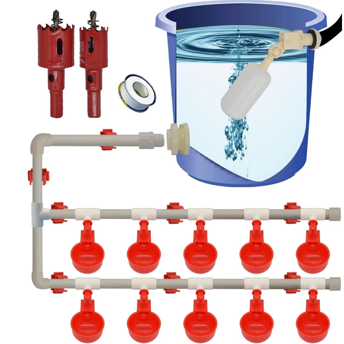 Complete Set Pipeline Automatic Chicken Nipple Waterer Cups and 1/2" PVC Tee ...